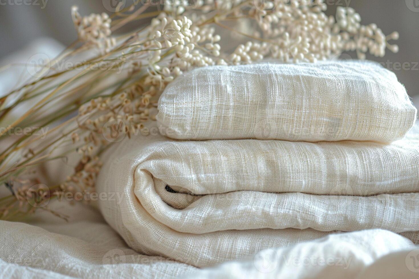 Dried bunch of flax plants on a stack of linen fabric. The trend is for authenticity and naturalness. photo
