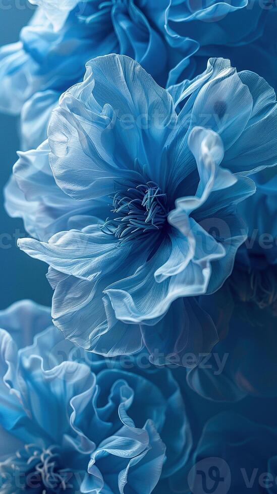 Blue vertical background with blue flowers. Generated by artificial intelligence photo
