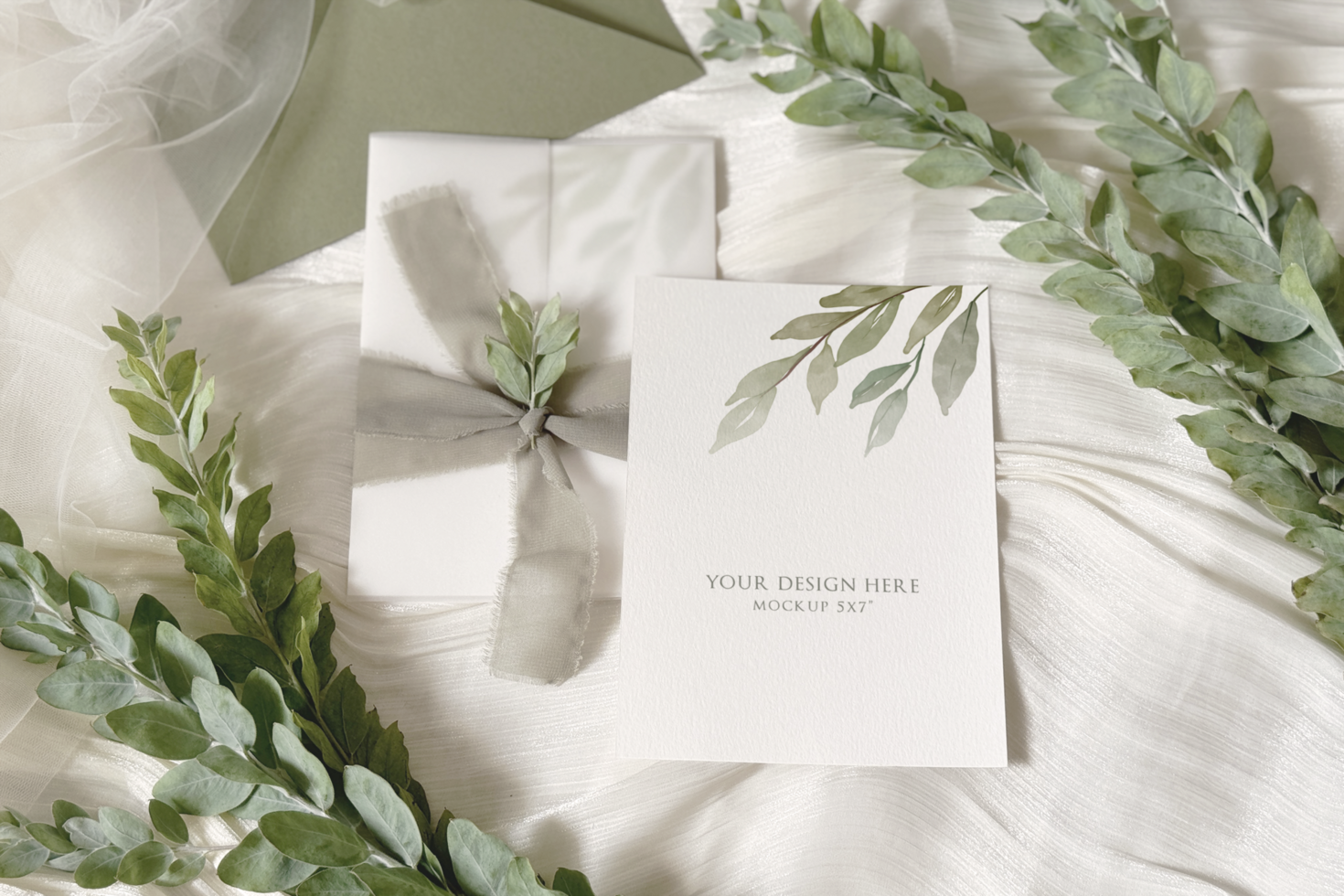 Greenery Wedding Invitation Card Mockup psd