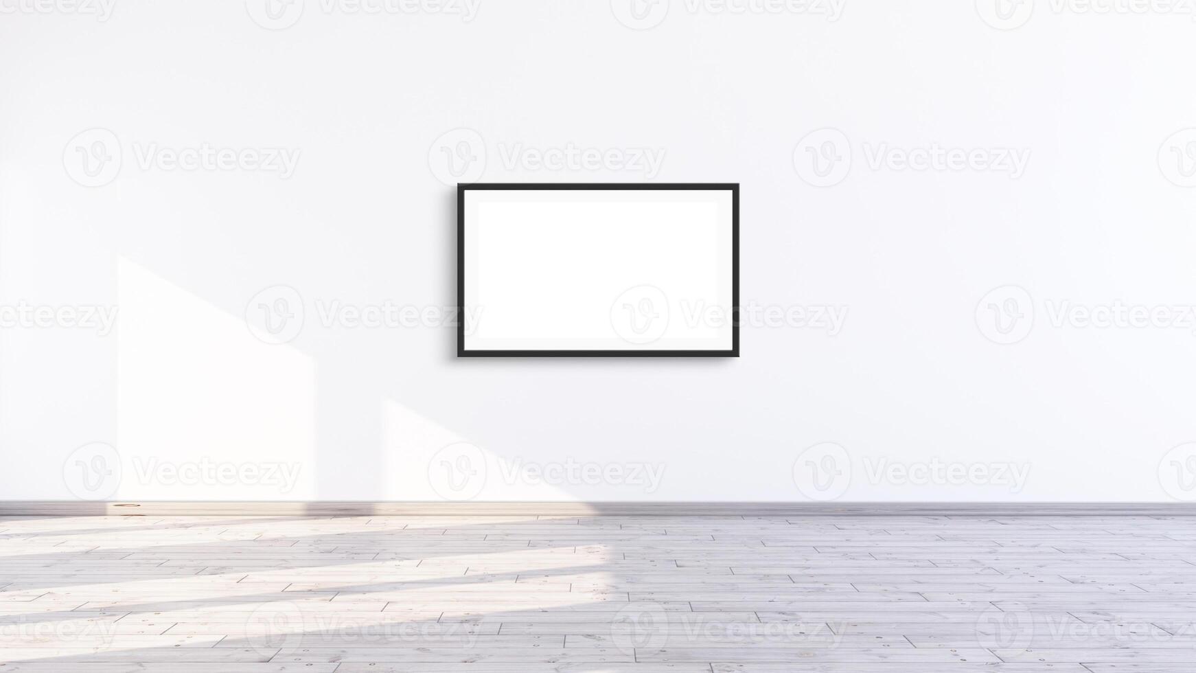 3d Empty horizontal black frame mock up in a white interior room design with wooden oak floor, Modern frame for prints photo
