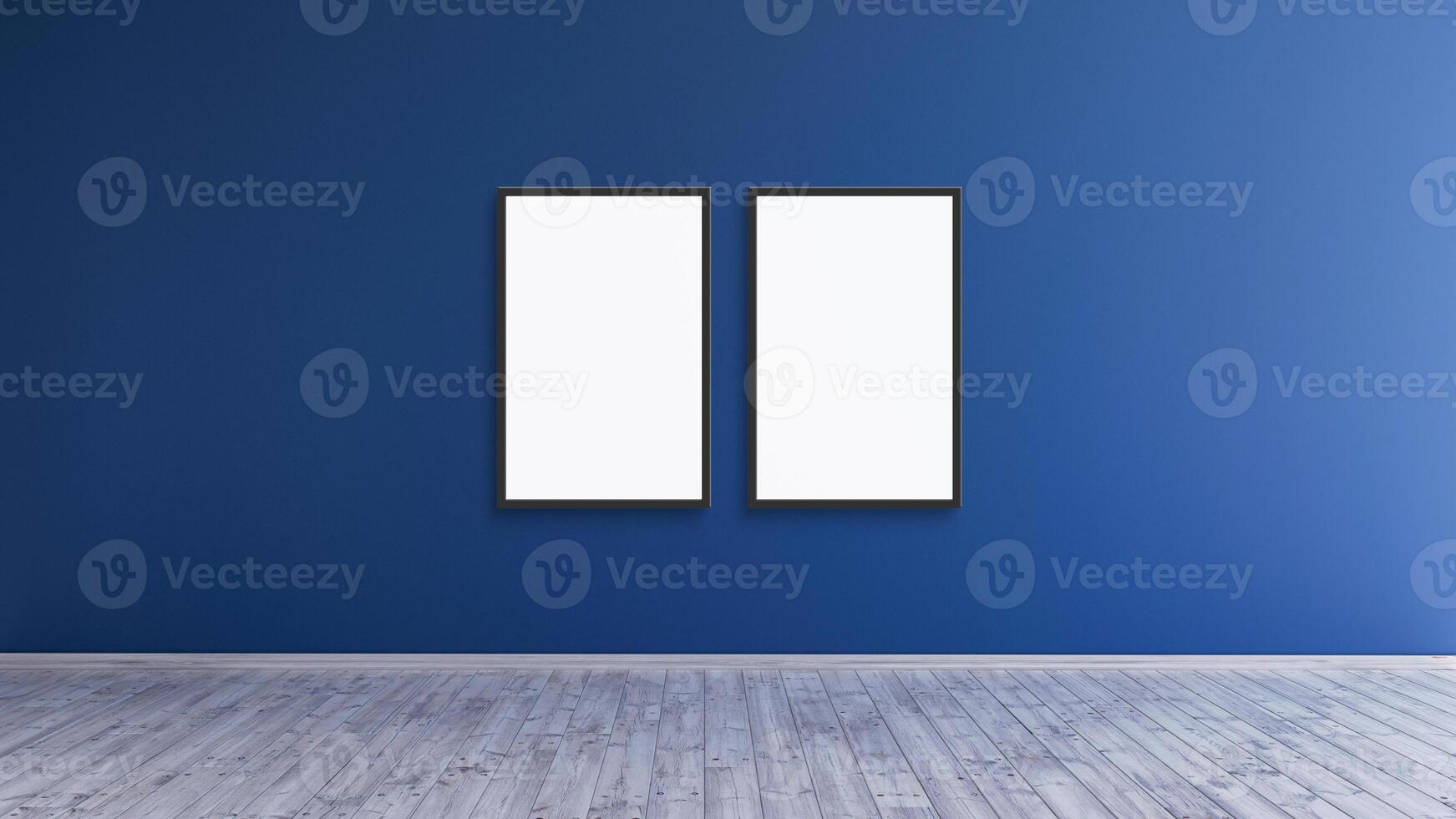 2 empty vertical black frame mockup design on a blue wall room for prints and photos. photo