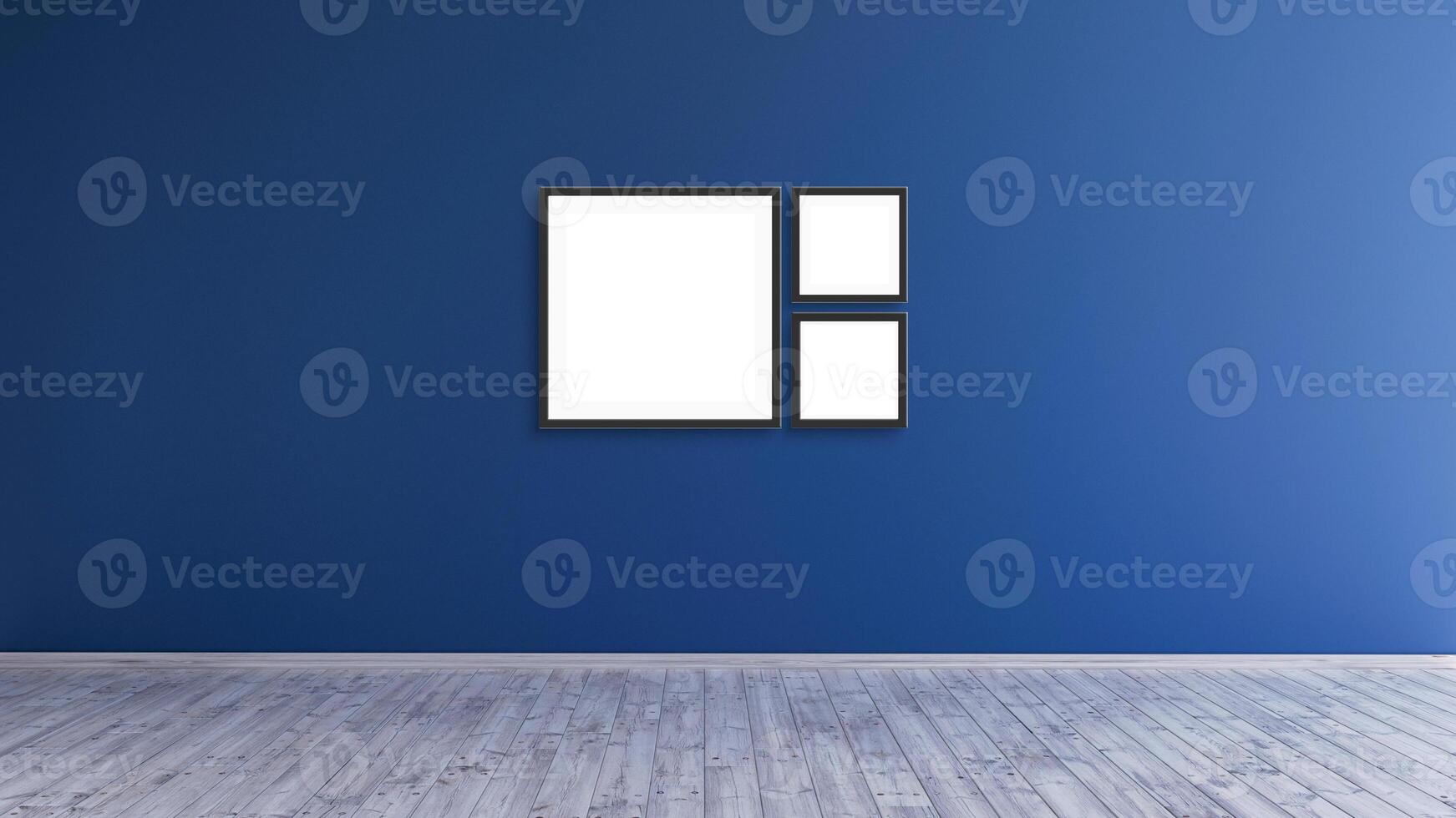 Three empty modern square black frame mockup design on a blue wall room for prints and photos. photo