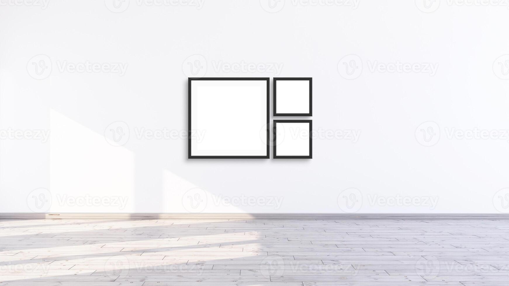 Three empty square black frame mock up in a white room, 3d illustration white wall with frames for gallery wall mockup. photo