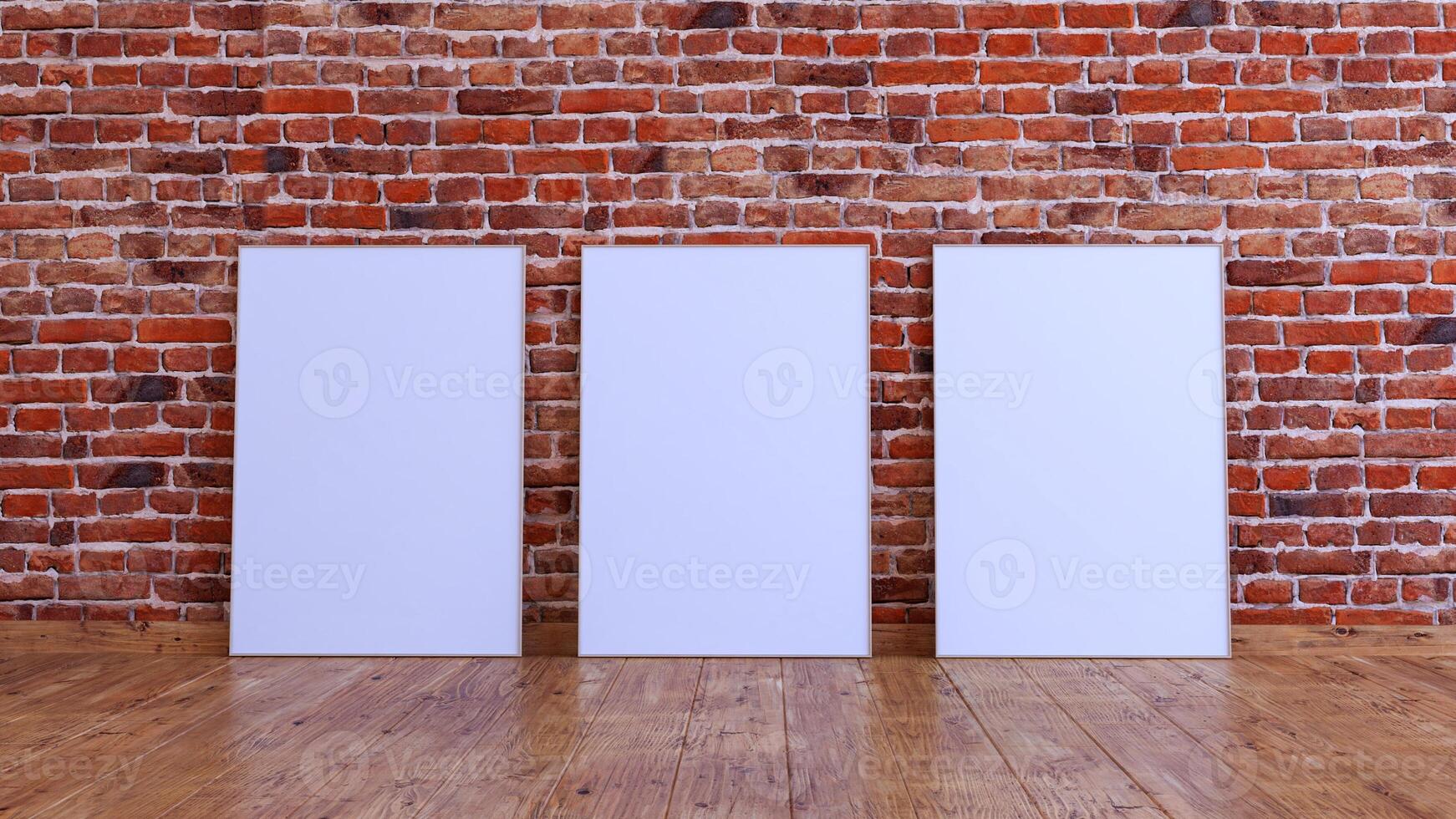 3 vertical frame mockup on a red brick wall with wooden floor. photo