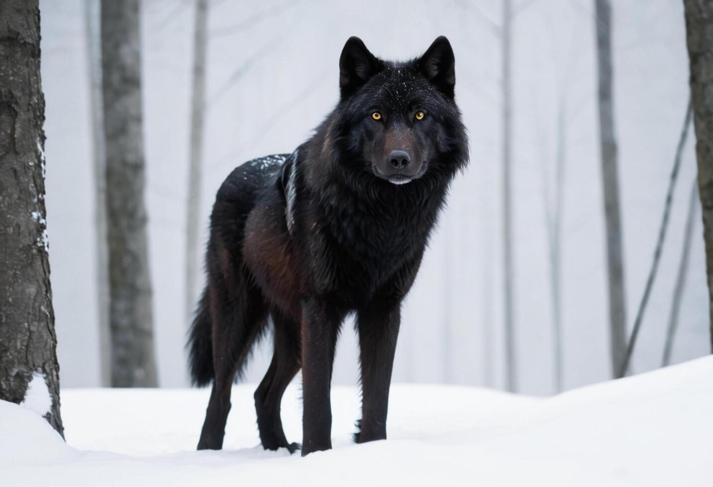 Majestic Black Wolf in Winter Forest photo