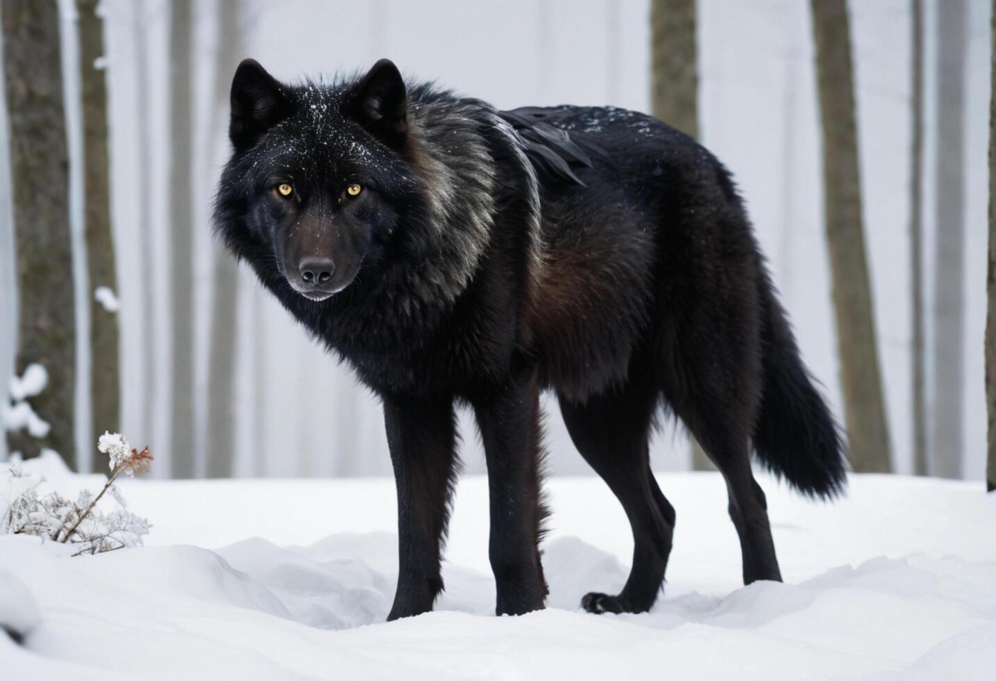 Majestic Black Wolf in Winter Forest photo