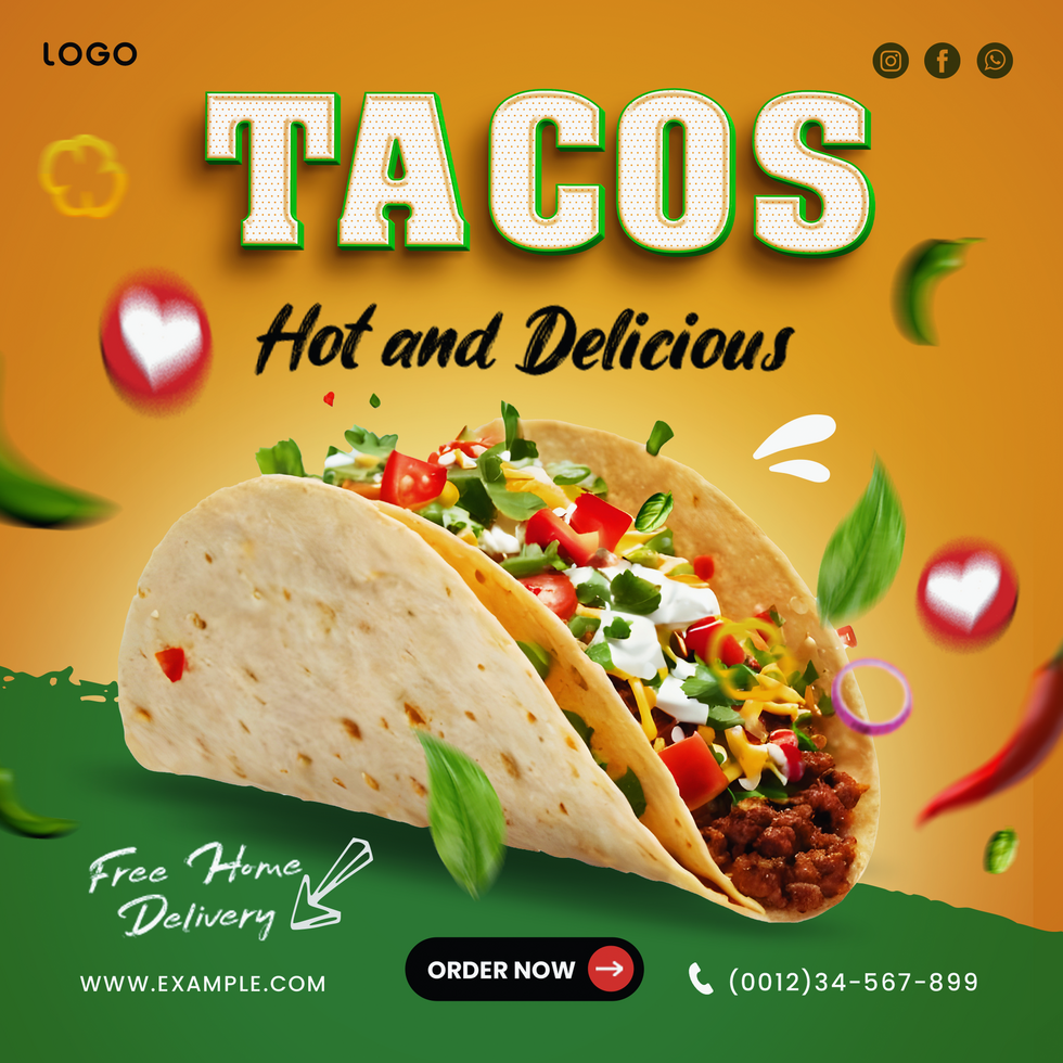 Creative and Delicious Beef Tacos Poster design template for restaurants and Promotions psd