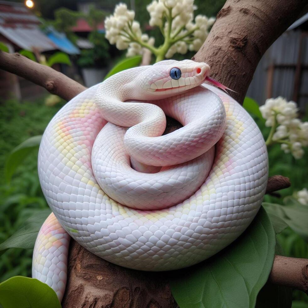 Elegant White Python Resting on a Branch photo