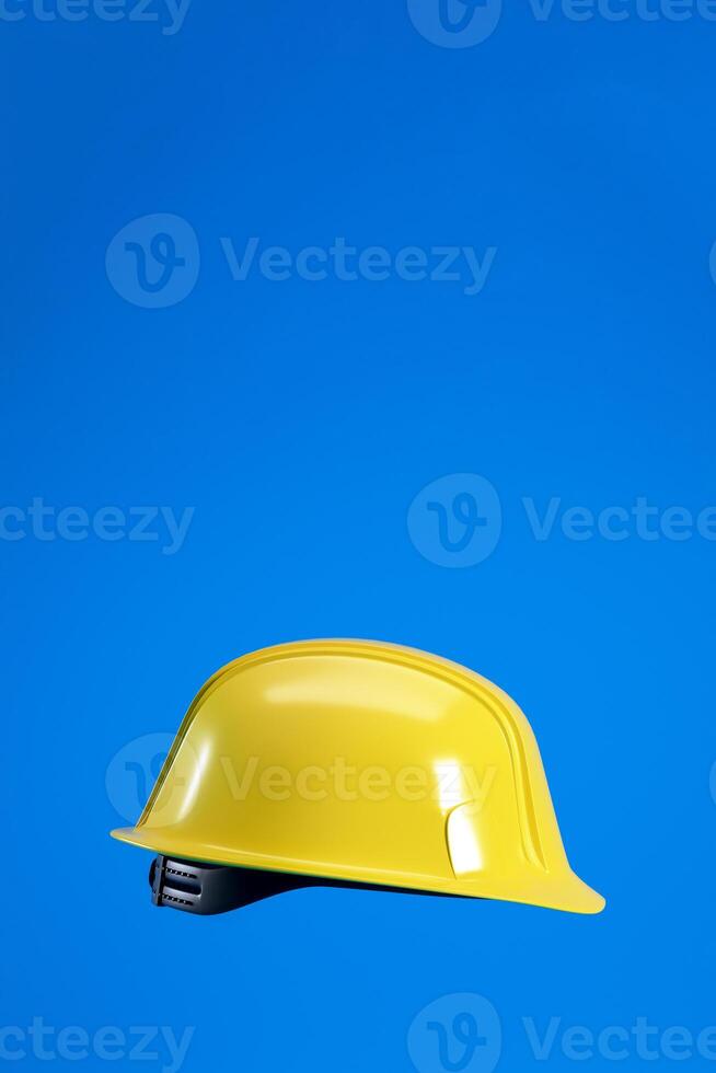 Hard hat isolated on blue vertical background with copy space, 3d render. photo
