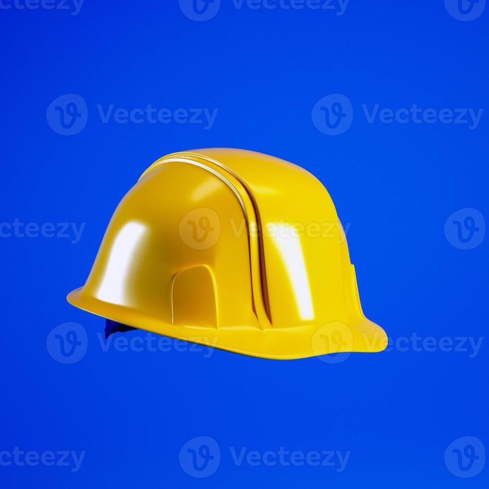Hard hat for Labour Day concept. Yellow helmet isolated on blue background, 3d render photo