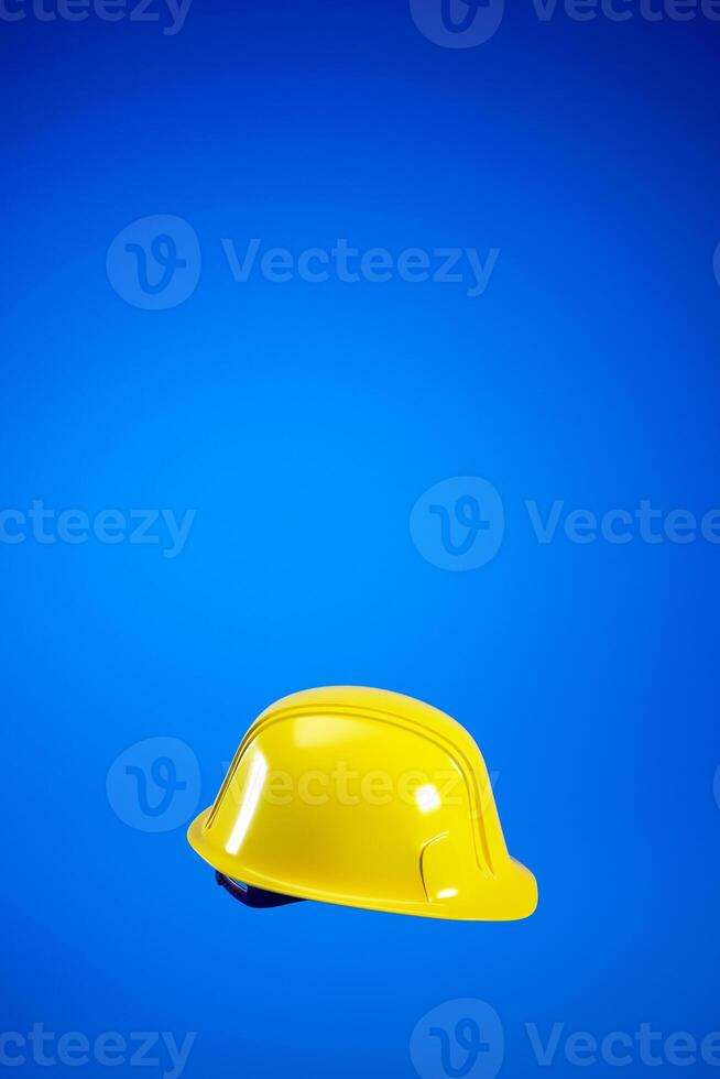 Yellow helmet isolated on blue vertical background. Hard hat for Labour Day concept, 3d render photo