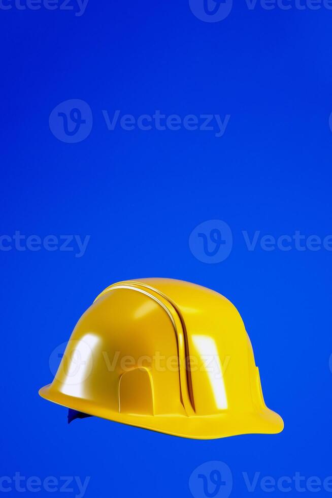 Hard hat for Labour Day concept. Yellow helmet isolated on blue vertical background, 3d render photo