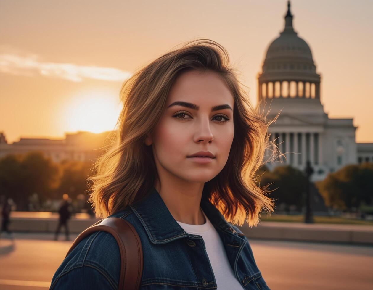 A woman stands in front of an American flag with the sun setting behind her. She is wearing a blue shirt and has her hair in a ponytail photo
