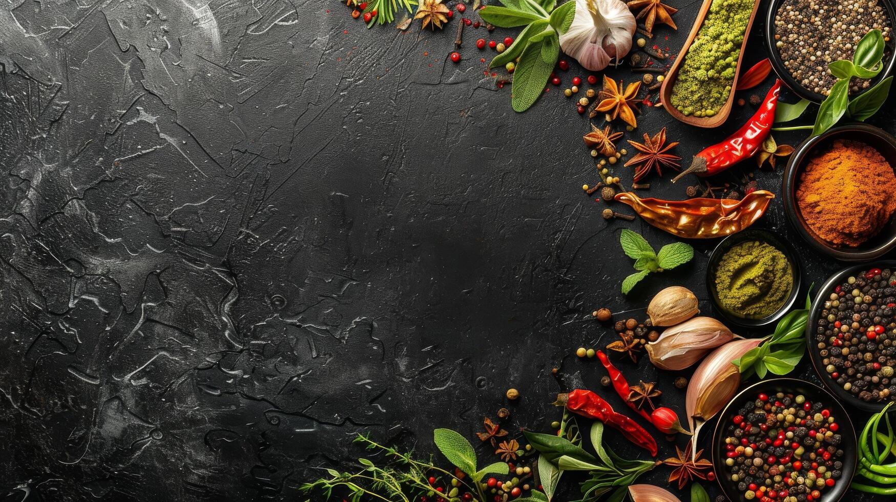 Assorted Fresh Herbs and Spices Arranged on Rustic Dark Stone Surface photo
