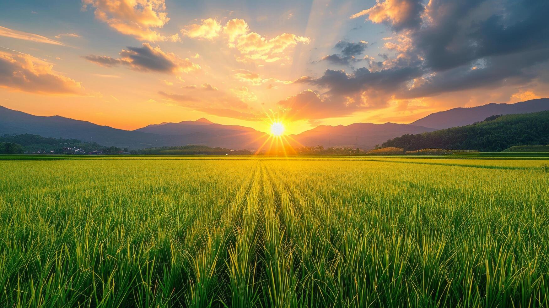 Golden Sunset Over Rice Paddy Fields photo