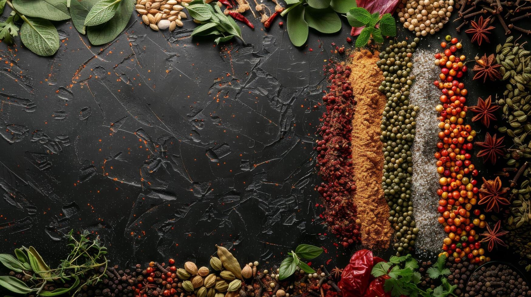 Assorted Fresh Herbs and Spices Arranged on Rustic Dark Stone Surface photo
