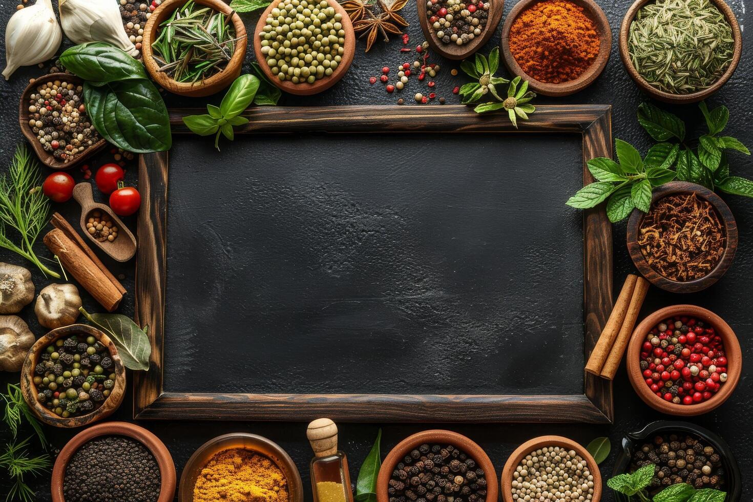 Assorted Fresh Herbs and Spices Arranged on Rustic Dark Stone Surface photo