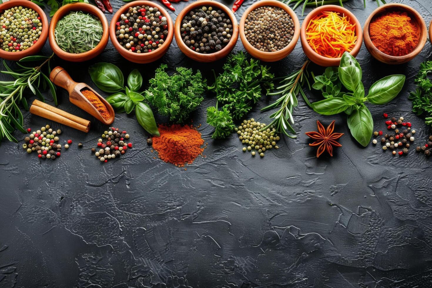 Assorted Fresh Herbs and Spices Arranged on Rustic Dark Stone Surface photo