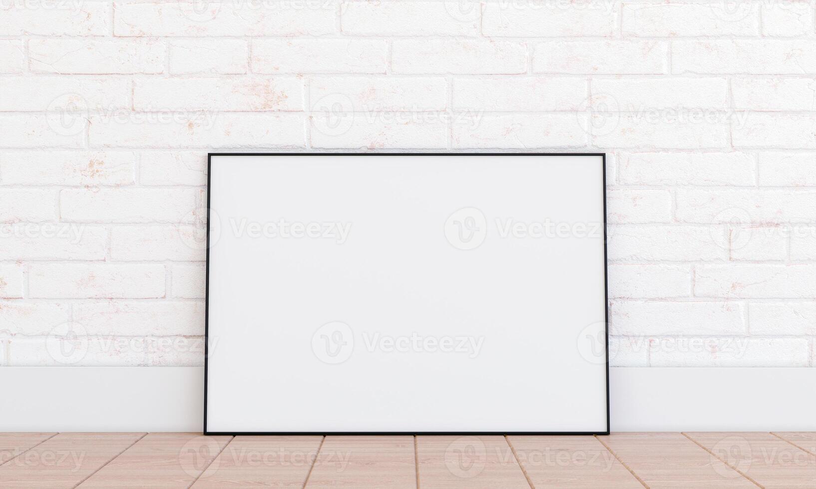 Horizontal frame mockup on white brickwall. Black thin metal frame mock up, 3d render photo