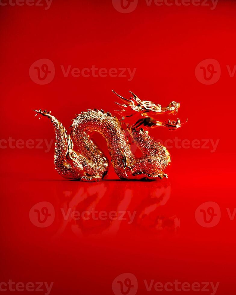 3d Gold dragon on red background, Chinese new year 2024 Year of the dragon concept photo
