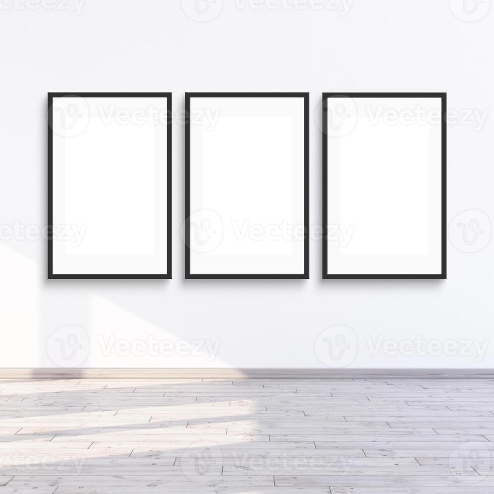 3 frame mock up hanging on a white wall with sunlight, 3d render illustration. photo
