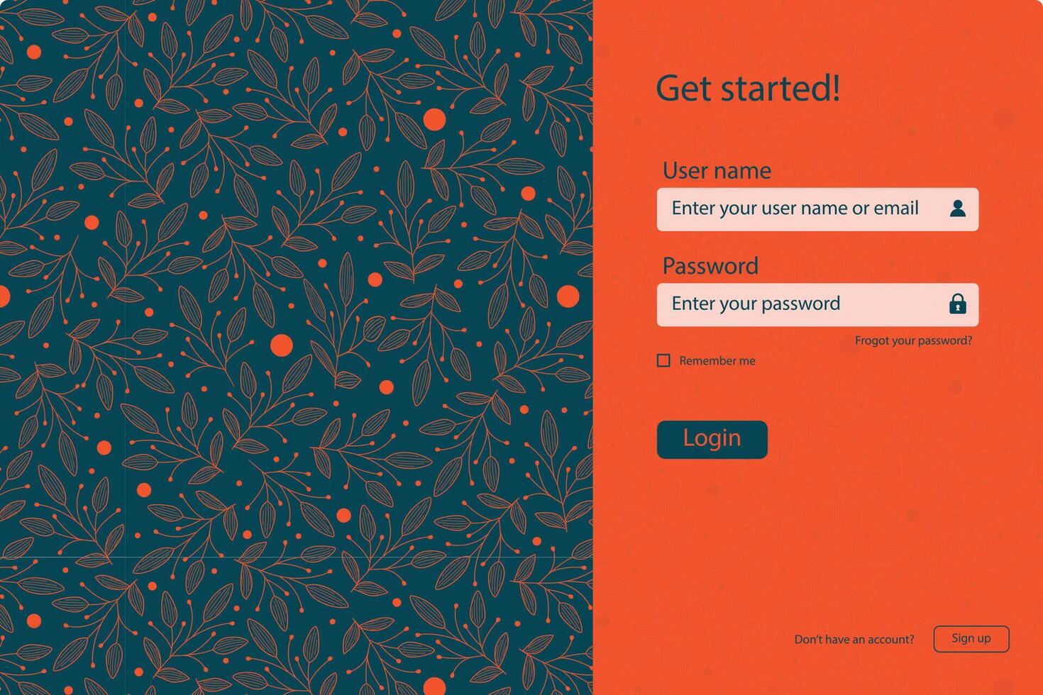 Login screen landing page design. Login ui ux template with email and password in flourish design vector