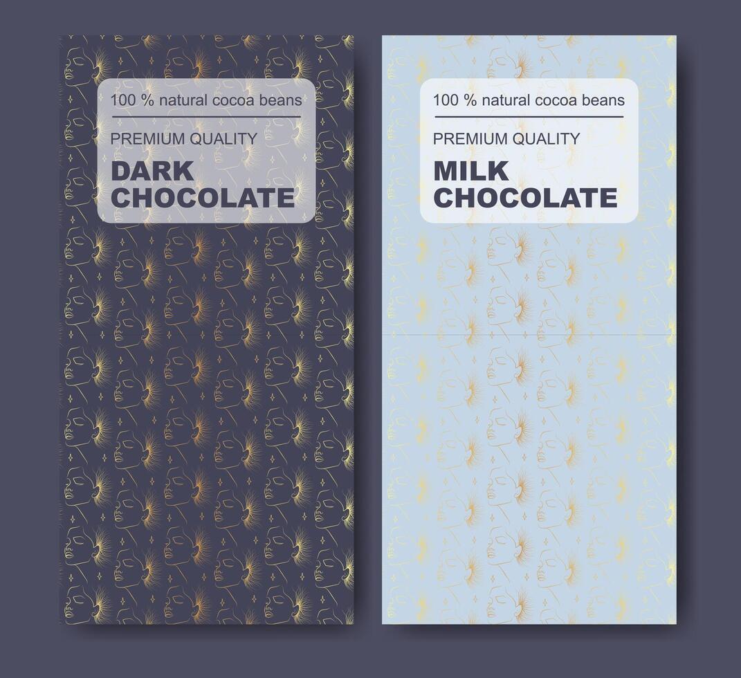 Organic dark and milk chocolate bar design. Abstract package design label set. Hand drawn woman sketch vector