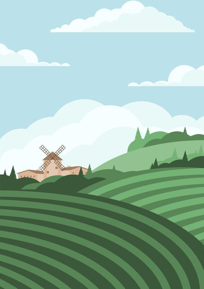 Country rural landscape scene with green wheat fields. Skyline with clouds farmland flat cartoon style illustration vector