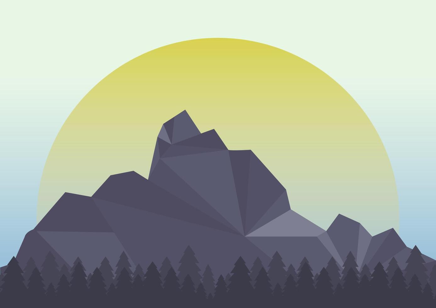 View on polygonal mountains with forest poster print. Aesthetic minimalist pine tree Japanese landscape vector