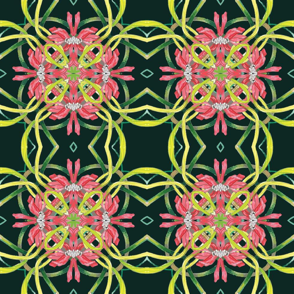 , geometric floral pattern of hand drawn intertwined branches of pink, red blooming gerbera, and leaves on dark green background. vector
