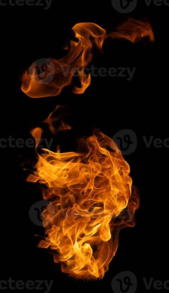 Fire and burning flame of explosive fireball isolated on dark background for abstract graphic design photo