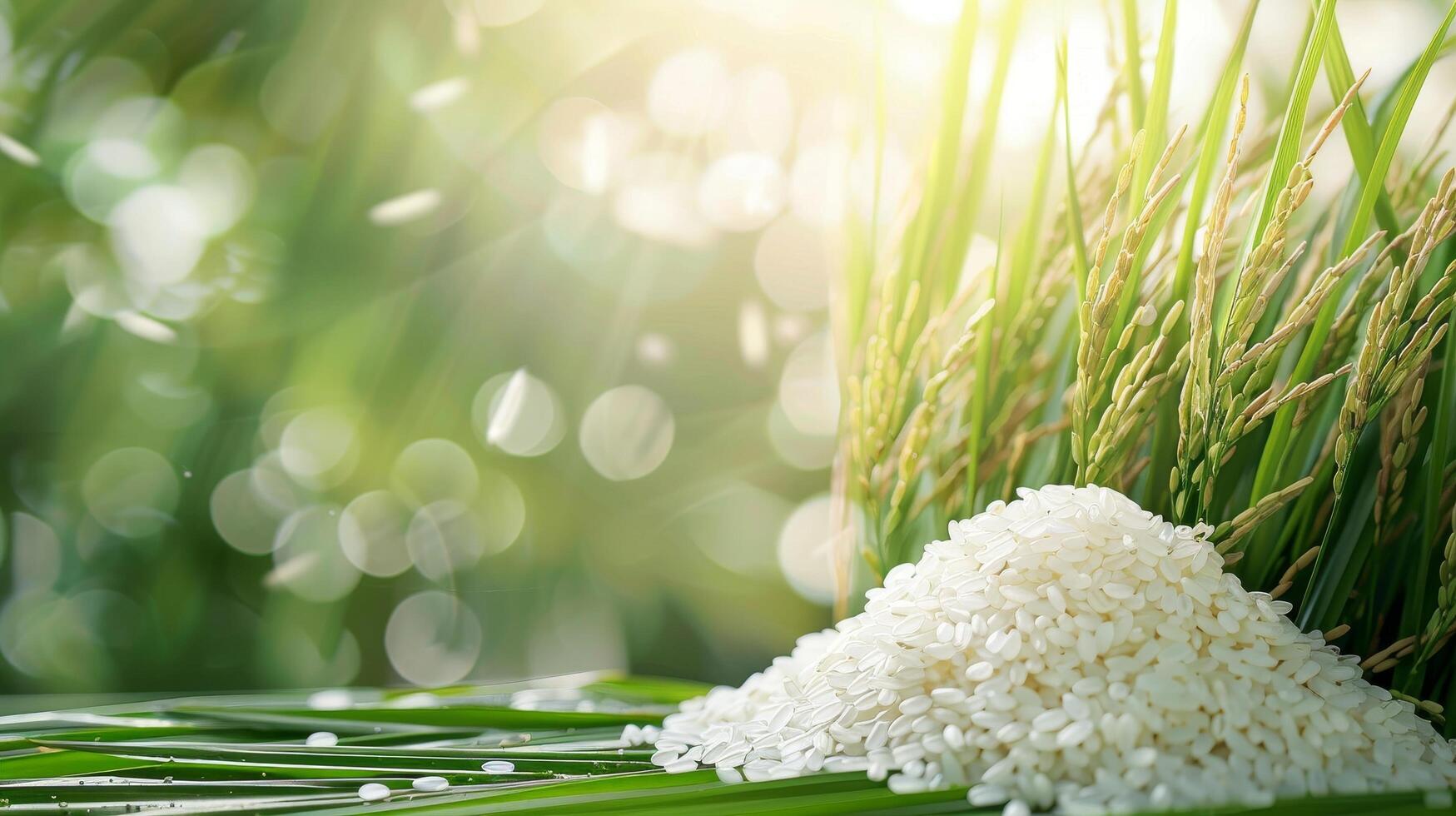 Freshly Harvested Rice Grains and Stalks photo