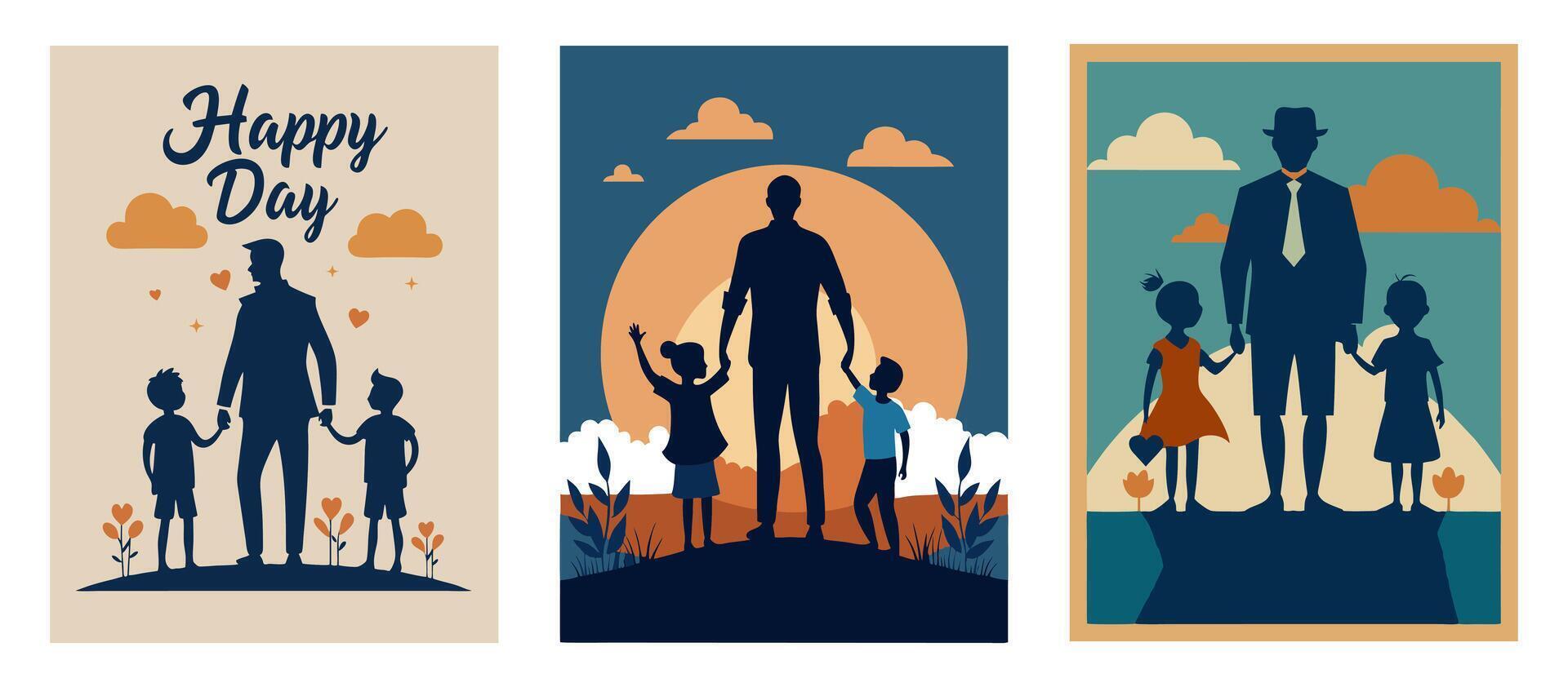 Three illustrated Father's Day cards featuring silhouettes of fathers with children against colorful backgrounds with clouds, hearts, and plants vector