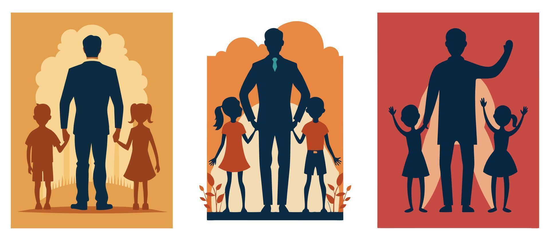 silhouette of a father holding hands with his children. Simple, minimalist design on a beige background. Perfect for Father's Day themes and family concepts vector
