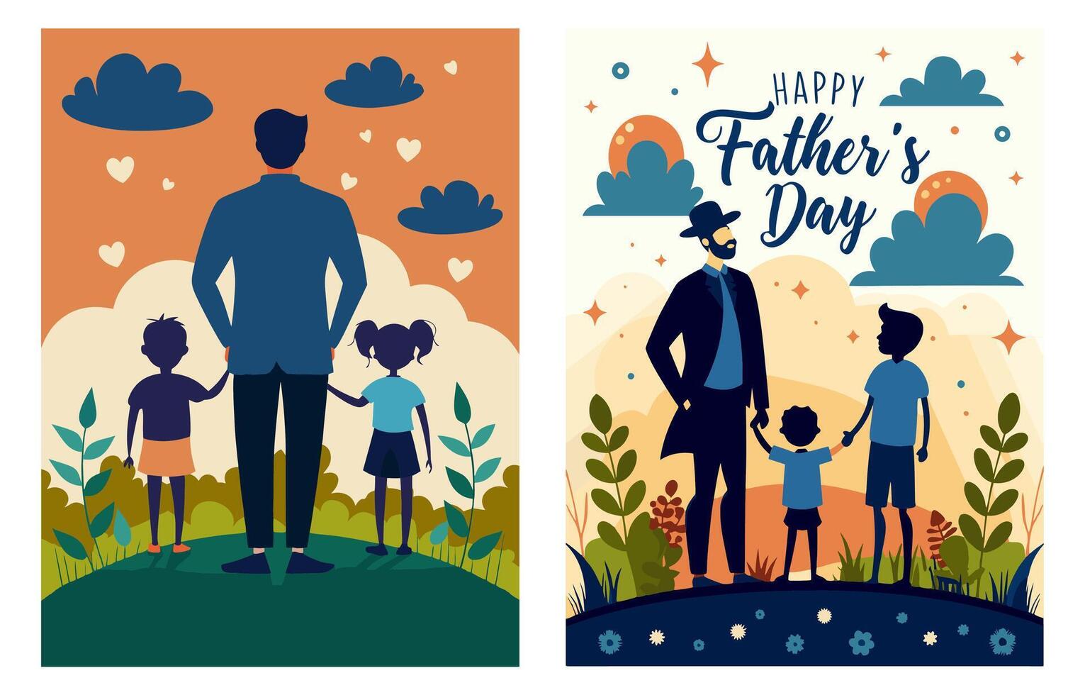 silhouette of a father holding hands with his children. Simple, minimalist design on a beige background. Perfect for Father's Day themes and family concepts vector