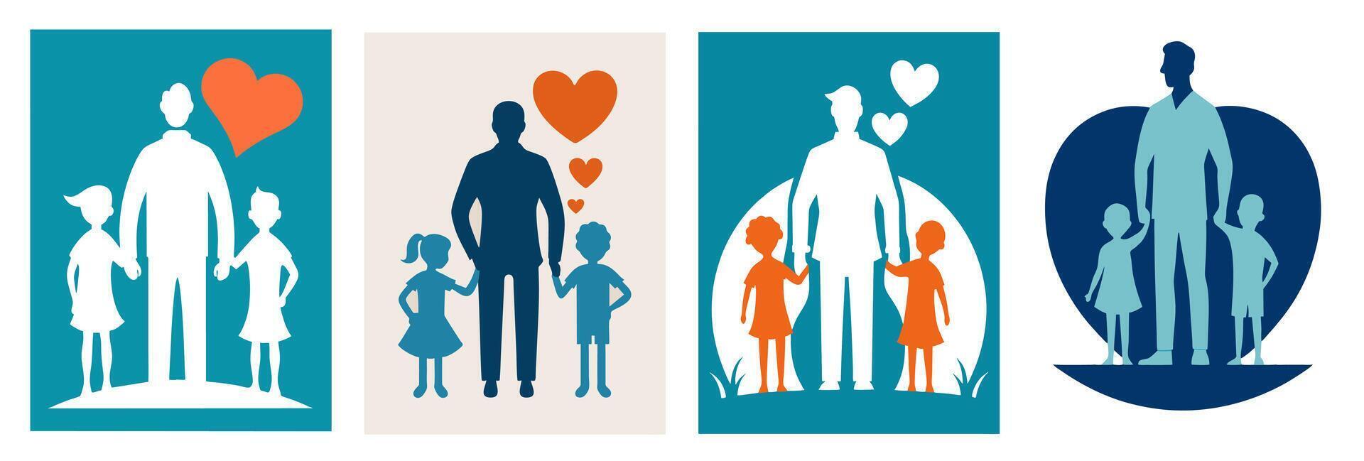 Four illustrated Father's Day cards featuring silhouettes of fathers with children against colorful backgrounds with clouds, hearts, and trees vector