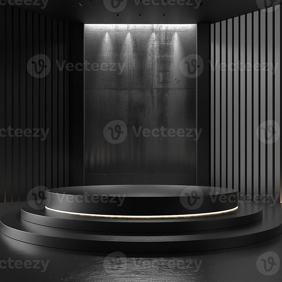 Minimalistic 3D podium in matte black, highlighted by dramatic lighting, set against a sleek and modern background, perfect for contemporary product displays photo