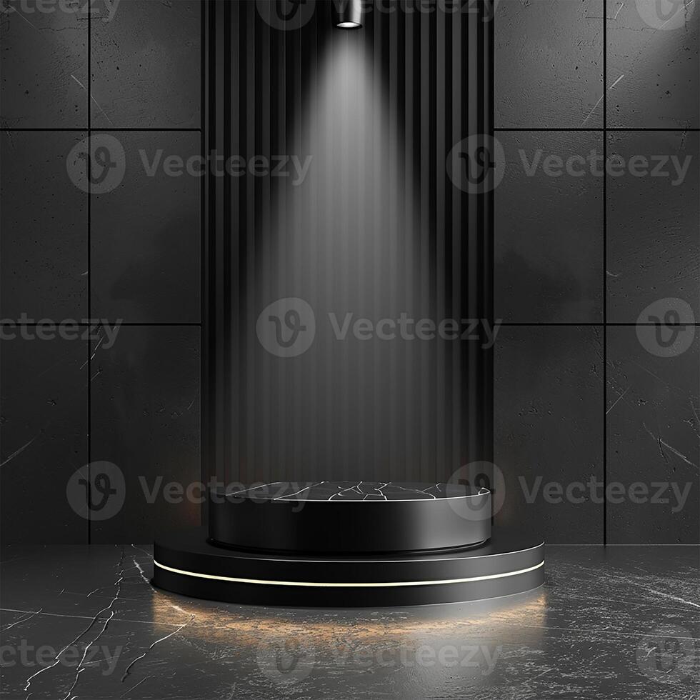 Minimalistic 3D podium in matte black, highlighted by dramatic lighting, set against a sleek and modern background, perfect for contemporary product displays photo