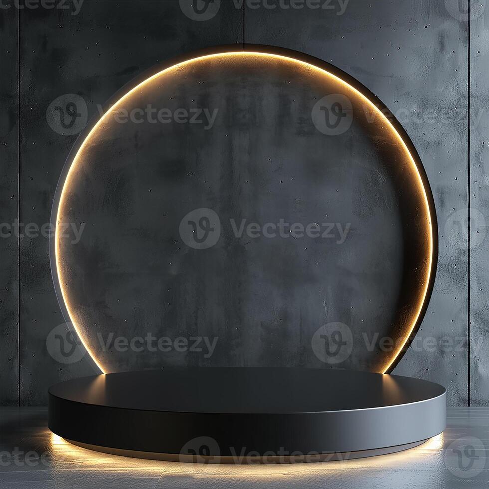 Minimalistic 3D podium in matte black, highlighted by dramatic lighting, set against a sleek and modern background, perfect for contemporary product displays photo
