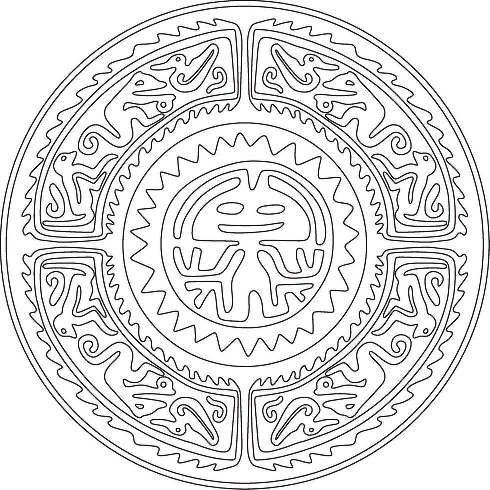 Native American round contour pattern. Geometric shapes in a circle. National ornament of the peoples of America, Maya, Aztecs, Incas. Template for stained glass vector