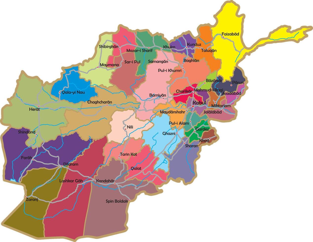 color administrative map of Afghanistan with rivers, lakes, major cities and region borders. The territory of the Asian state. vector