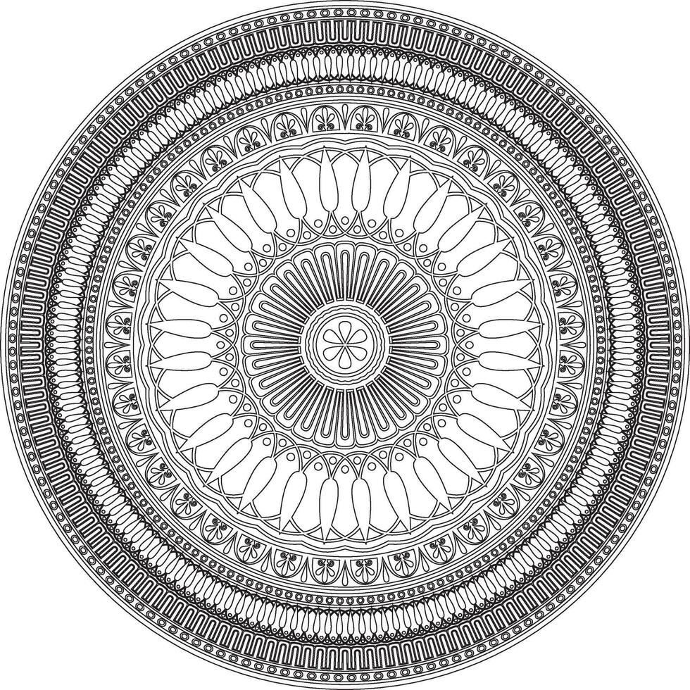 black monochrome classic Greek round outline ornament. Circle of Ancient Greece and the Roman Empire. Byzantine painting of walls, floors and ceilings. Template for stained glass. vector