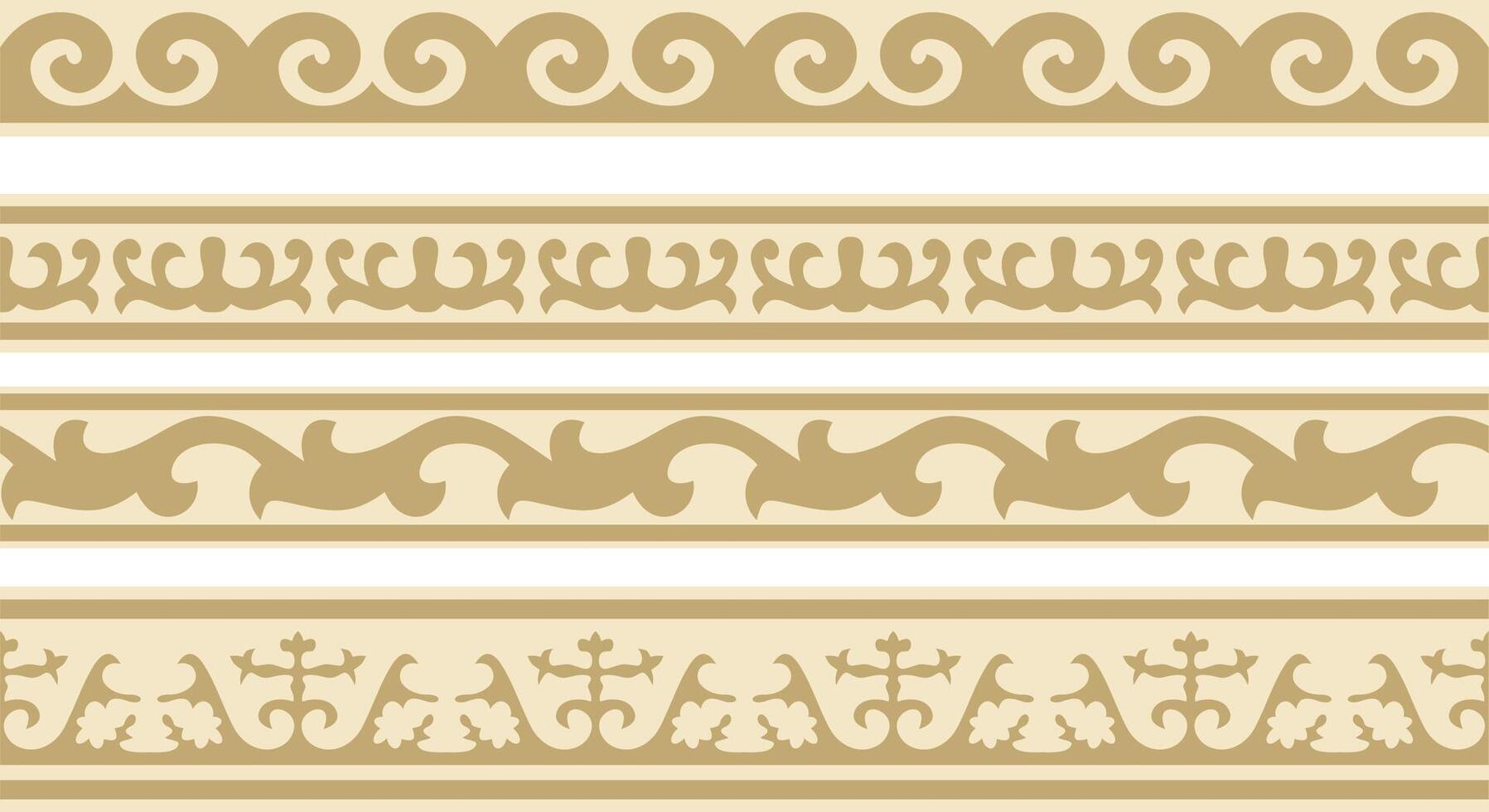 set of golden seamless Kazakh national ornament. Ethnic endless pattern of the peoples of the Great Steppe, Mongols, Kyrgyz, Kalmyks, Buryats. circle, frame border. vector