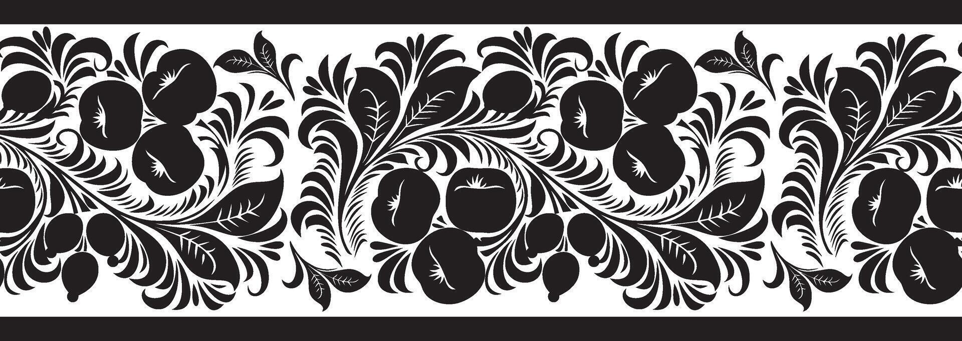 monochrome seamless Russian Khokhloma ornament. black fruit and berry border, frame of the Slavic peoples of Eastern Europe. For sandblasting, laser and plotter cutting. vector