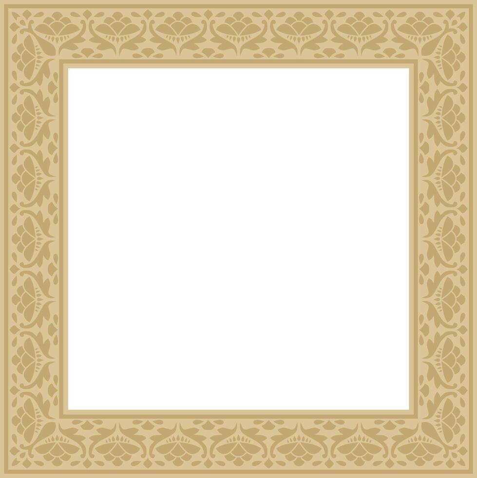 golden square national Indian ornament. Rectangle, border, ethnic Hindu frame. vector