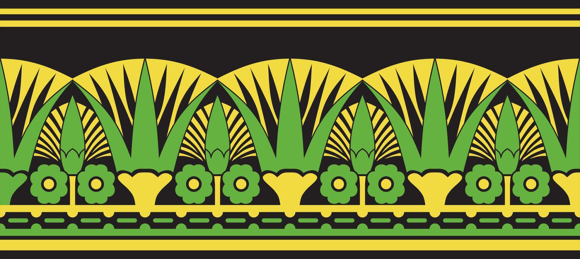 green seamless Egyptian border. Endless ornament of Ancient Africa. Pattern of lotus flowers and sun. vector