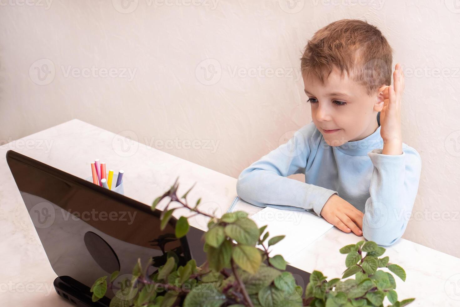 cute boy rejoices at the start of an online lesson. lectures for children in an online school. children's online education photo
