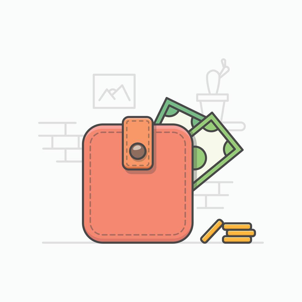 A simple and clean illustration of an orange wallet with a button clasp, partially open to reveal green dollar bills. Beside the wallet, a small stack of gold coins is visible. vector