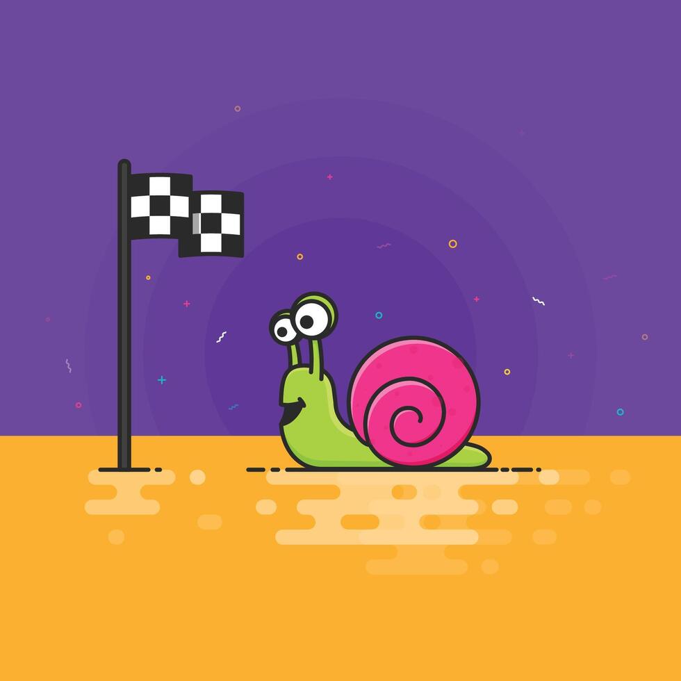 The snail faces a black and white check, red flag set against a vibrant purple background with playful confetti and abstract shapes. vector