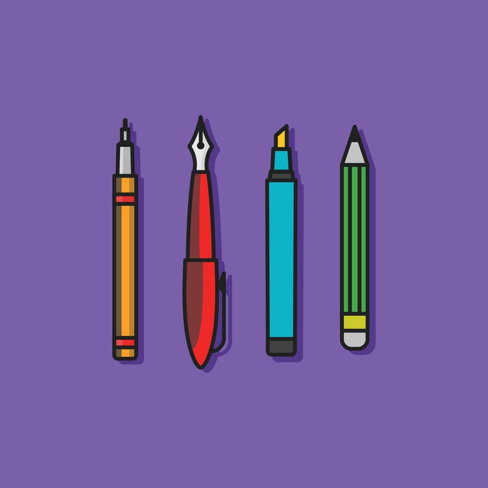 A set of pens, pencils, and a marker are arranged in a row on a purple background vector